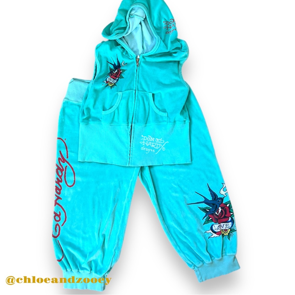 Y2K ED HARDY Vintage Tattoo Love Velour Hoodie & Pants Luxe Lounge Sailor Jerry